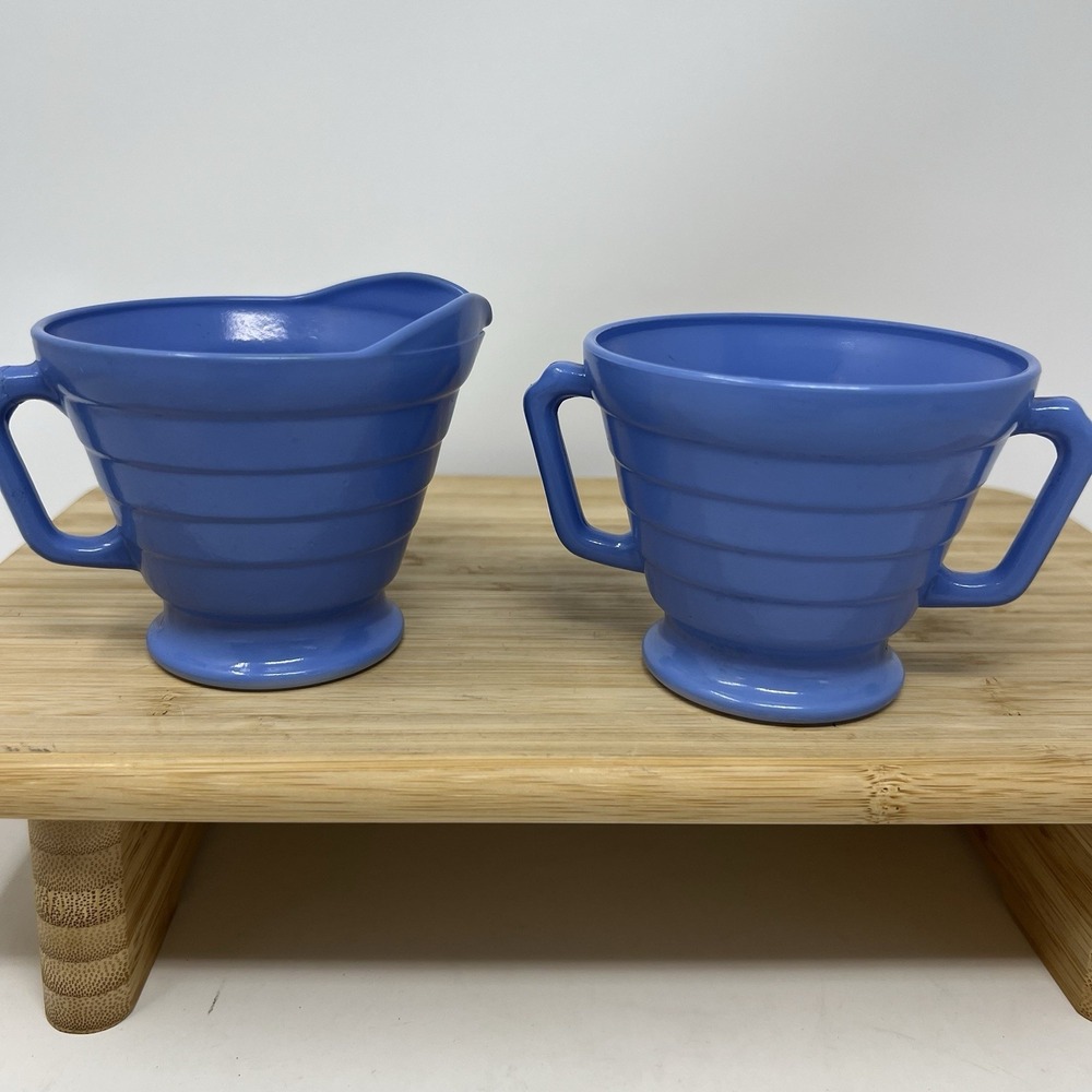 Vintage‎ Hazel-Atlas Moderntone Platonite Blue Cream & Sugar Set *please Read